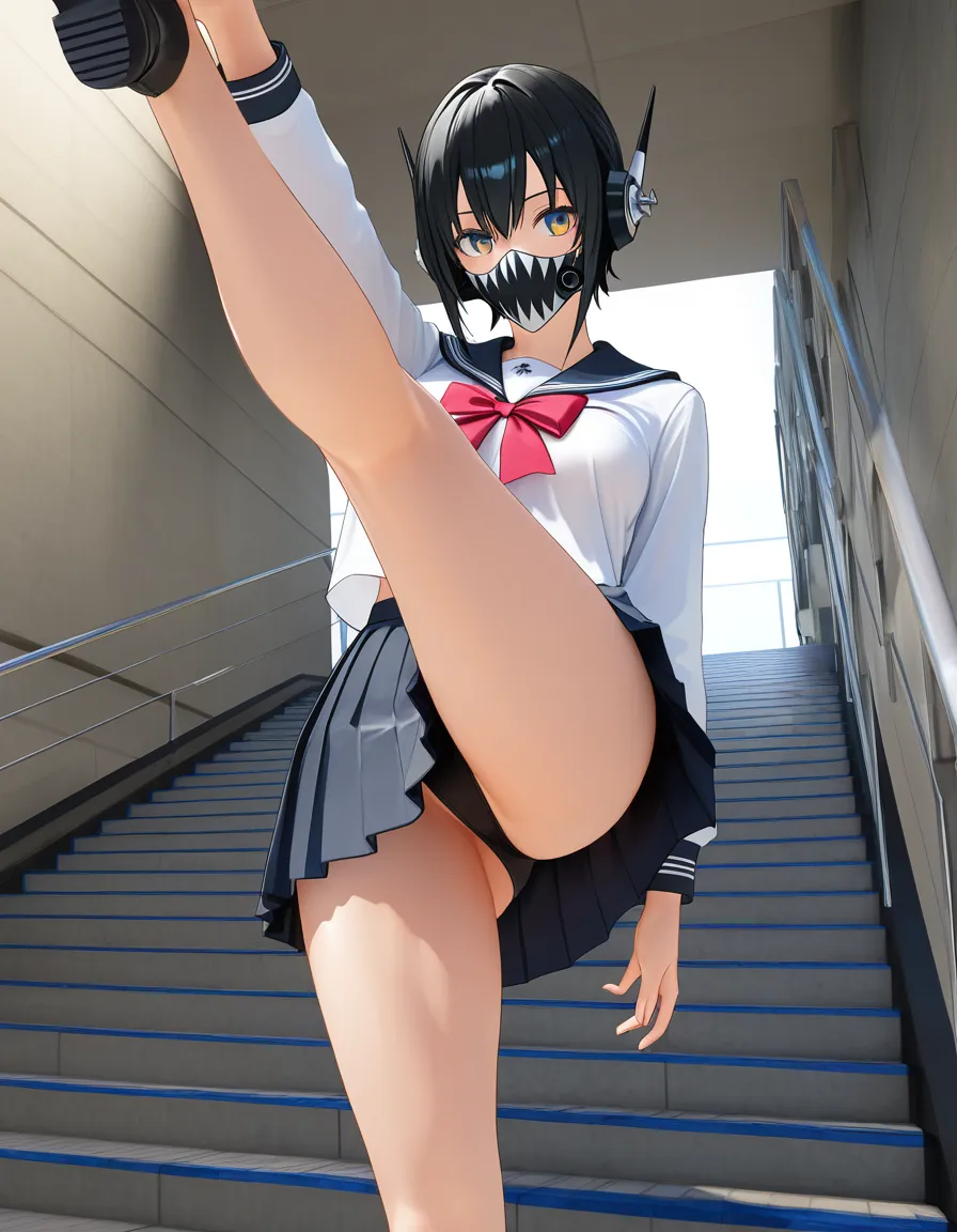 masterpiece, best quality, solo focus, pleated skirt, leg up, hentai style, score_9, score_8, 3d render, octane render, subsurface scattering, ray tracing, smooth shading