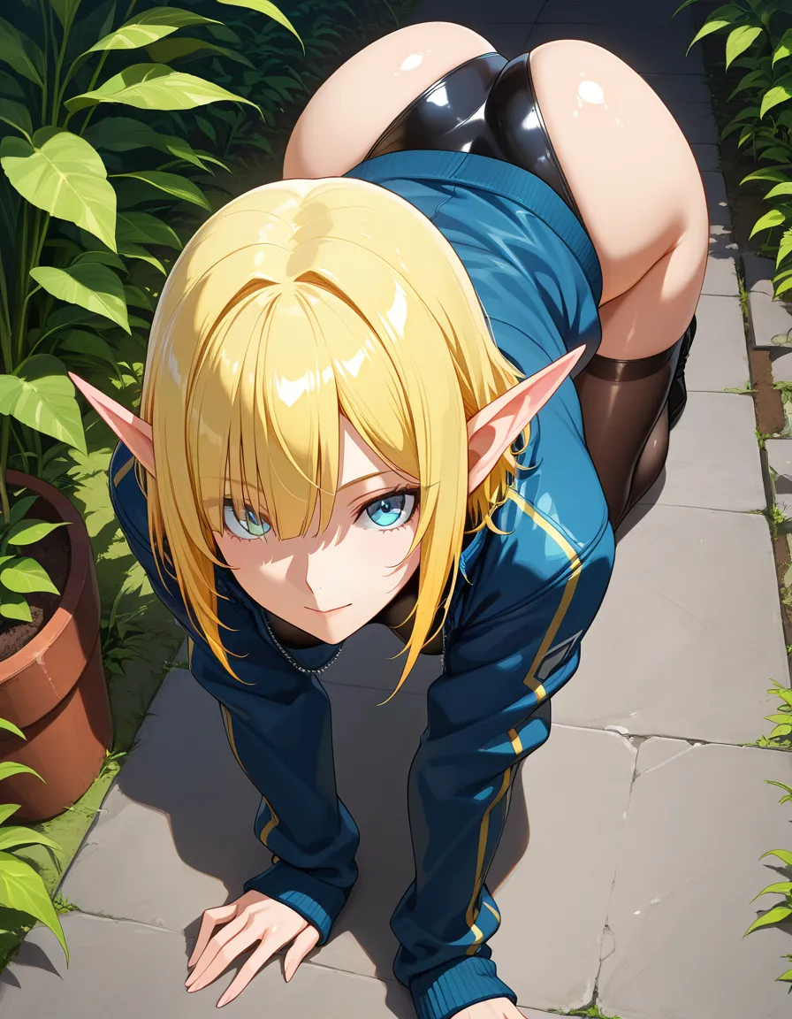 ultra detailed shading, elf girl, shiny skin, jacket, on all fours, plant, mysterious vibe, hentai style, hentai_studio_quality