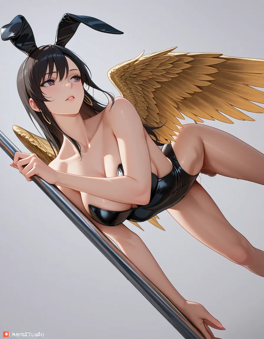 ultra HD, lifelike, bunny girl, cleavage, wings, over the shoulder glance, anal sex, white background, dutch angle, studio photo, hentai_studio_quality