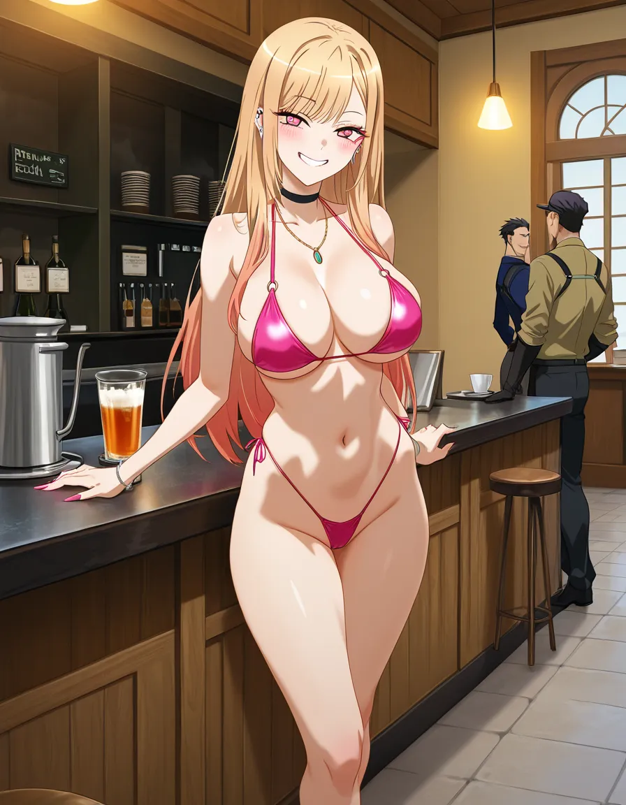 /masterpiece /ultra_detailed /highres @kitagawa_marin #highleg_bikini #pink_bikini #revealing_clothes #cafe #barista #working #public_indecency, hentai_studio_quality, hentai_studio_quality