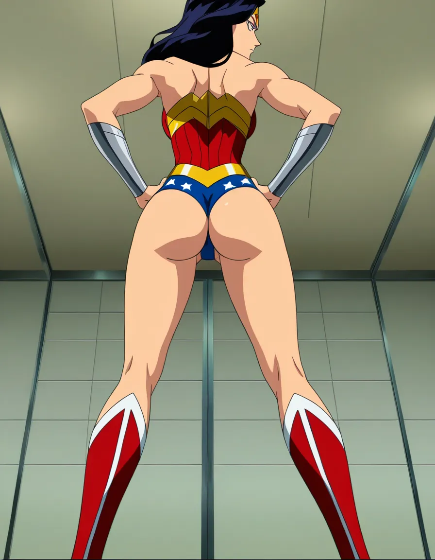 ultra detailed, official alternate costume, wonder woman, booty, short_shorts , thong shorts, ass view, under view, ass, wonder woman shorts, legs, backview, profile from_behind , standing, hands in hip, hip_focus, hentai_studio_quality, (anime style:1.3), 2d, anime screencap, cel shading, flat color