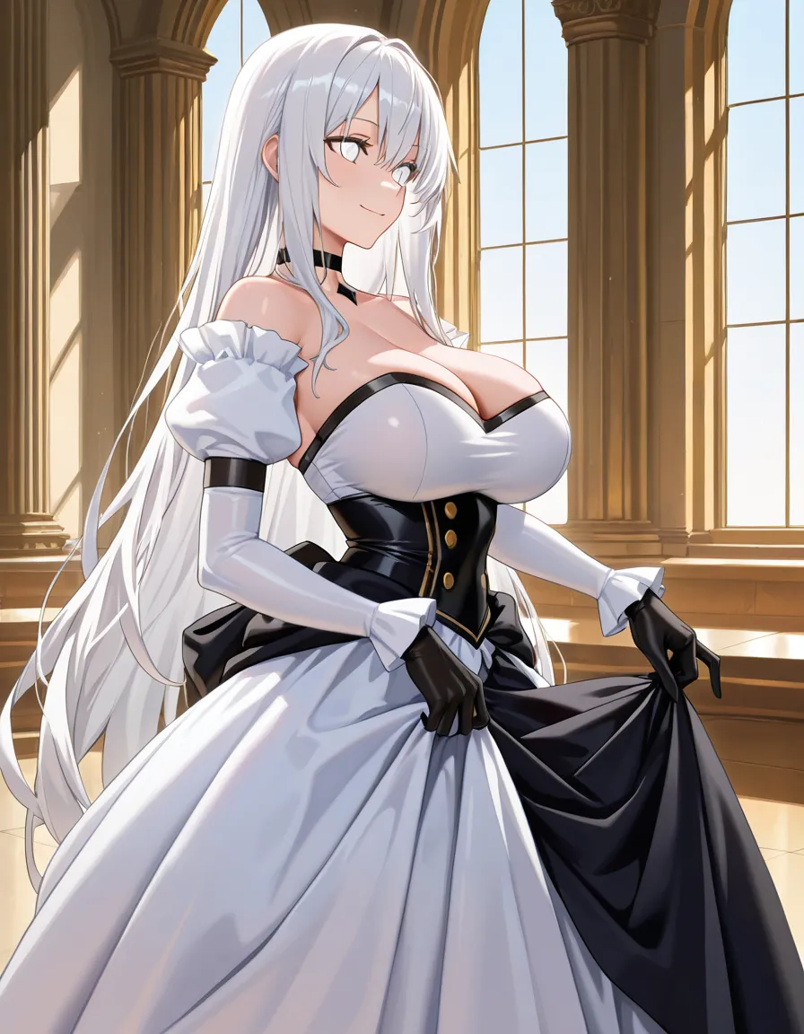 masterpiece, clean art, princess, dress, dress skirt, dress_lift ,long hair, white hair, from_side , big breasts , choker , black_gloves, black_choker , white eyes, ghot girl, full_body, light_smile, pretty body, loose hair, from front, artistic, hentai_studio_quality, gloves,, hentai_studio_quality