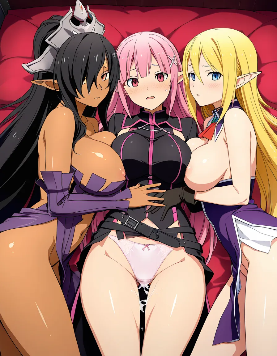 best quality, Masterpiece, Detailed, kuroinu, kuroinu hentai, 3girls, two dark elves long ponytail blonde Chloe Discordia, black_hair Olga Discordia, prim forte with pink_hair, from Kuroinu Hentai series, pointy ears, breasts_out, panties on side, dungeons, gets fucked by green orcs, large_penis, group_sex, bent_over, cowgirl_position, orgy, ahegao, hentai_studio_quality