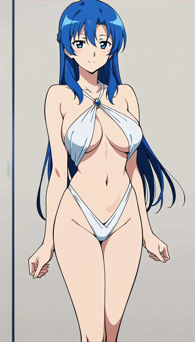 A woman with long blue hair dancing seductively as her clothes fall off her body revealing large breasts and thighs