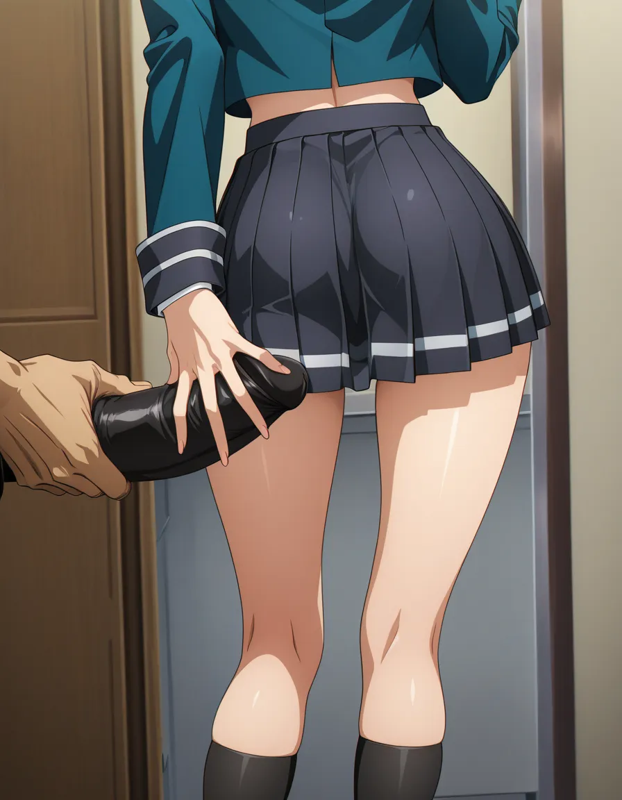 highly detailed, sharp, 1boy, standing, pleated skirt, presenting, intense passion, anime style. Starts with girl spreading,then dick rub, the n insertion., hentai_studio_quality