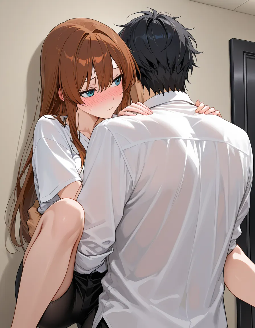 absurdres, highres, couple, white shirt, leg up, submissive blush, manga panel look, hentai_studio_quality