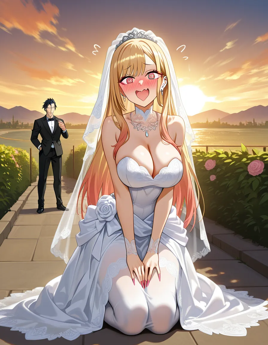 /ultra_detailed /best_quality @kitagawa_marin, #wedding_dress, #lace, #outdoors, #@_@, #bridal_veil, #kneeling, hentai_studio_quality