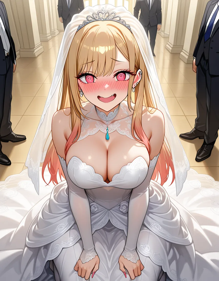 /ultra_detailed /best_quality @kitagawa_marin, #wedding_dress, #lace, #@_@, #bridal_veil, #kneeling #public_indecency, hentai_studio_quality