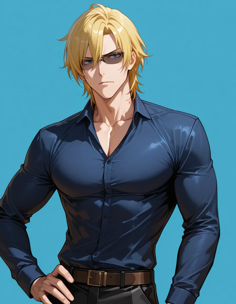 absurdres, highres, 1boy, bondage, hand on own hip, blonde hair, blue background, detailed shading, hentai_studio_quality