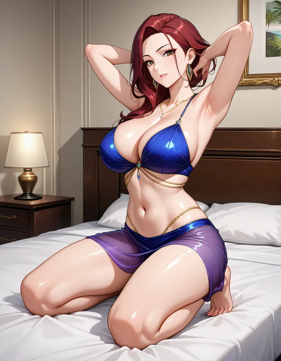 ultra HD, lifelike, milf, armpits, official alternate costume, kneeling on bed, film photography, hentai_studio_quality