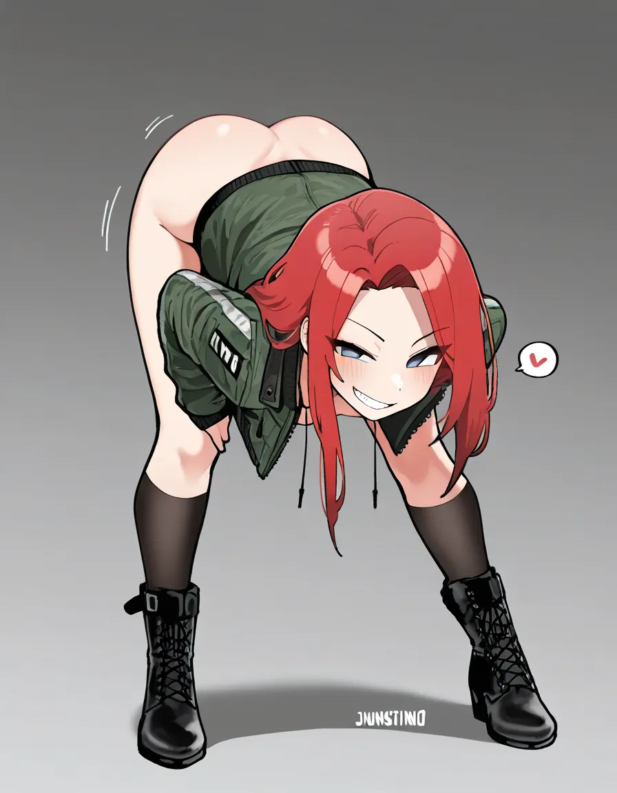 ultra detailed shading, redhead woman, black footwear, jacket, bent over, teasing grin, artist name(sushispin) , futanari , artist name(sushispin, hentai_studio_quality , artist:junsuina_fujunbutsu, hentai_studio_quality, hentai_studio_quality