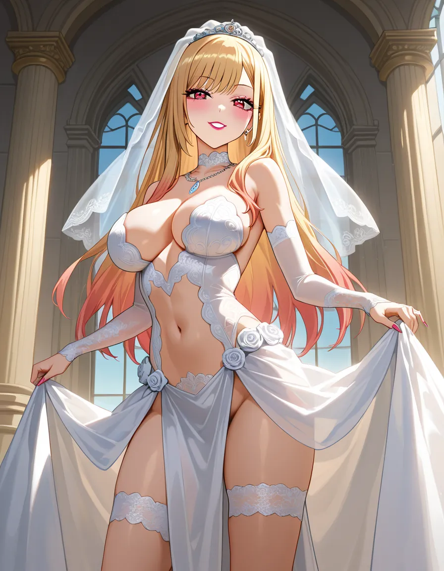 /best_quality /ultra_detailed /highres @kitagawa_marin #wedding_dress #bridal_veil #bridal_garter #revealing_clothes #lace #lipstick #makeup, hentai_studio_quality