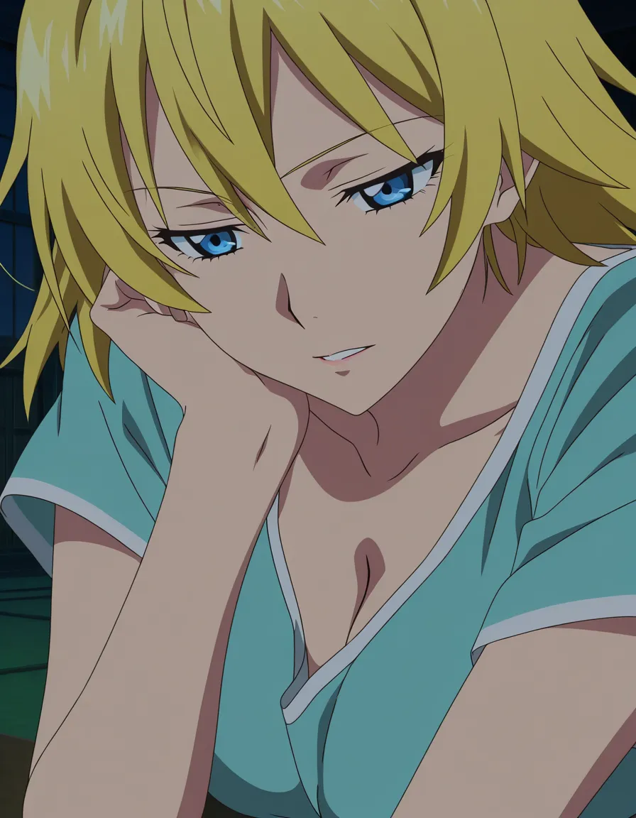 Blonde Asian beauty masturbating while lying down and climaxing., (anime style:1.3), 2d, anime screencap, cel shading, flat color