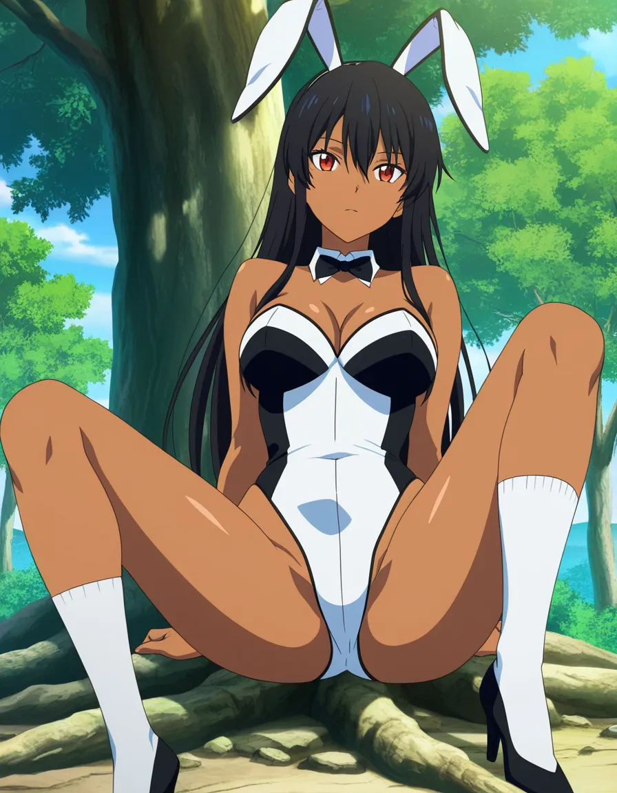 masterpiece, vivid colors, bunny girl, dark skin, long hair, socks, spread legs, tree, studio anime look, (anime style:1.3), 2d, anime screencap, cel shading, flat color
