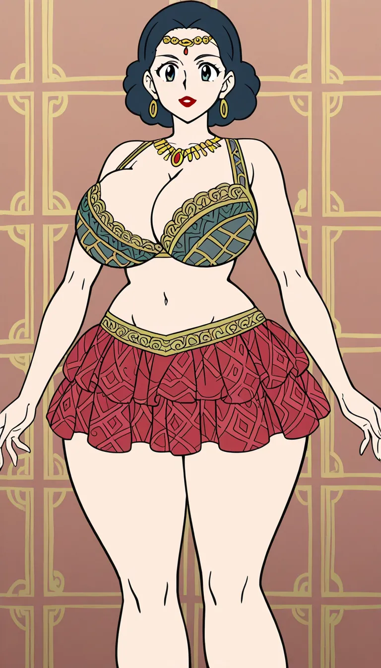 My 1 Adult Mother Goddess with multiple arms, ethnicity Hindu, Bengali, red lipstick, Accurate Anatomy, symmetrical body structure, Big chest, Thick thighs and arms, thick pelvis, tight fitting bra with intricate patterns and baggy mini skirt with curls and frills, pussy, Adorned Heavily in Indian Ornaments, black eyes, POV Sex, Symmetrical Tight Straddling Position, Having sex with me, big all around Mukut Crown, devine radiance, Calm and Graceful Expression, confident smile with hooded eyes, flowers around in Symmetrical order, holding flowers, floral necklace, folk art with realistic movements
