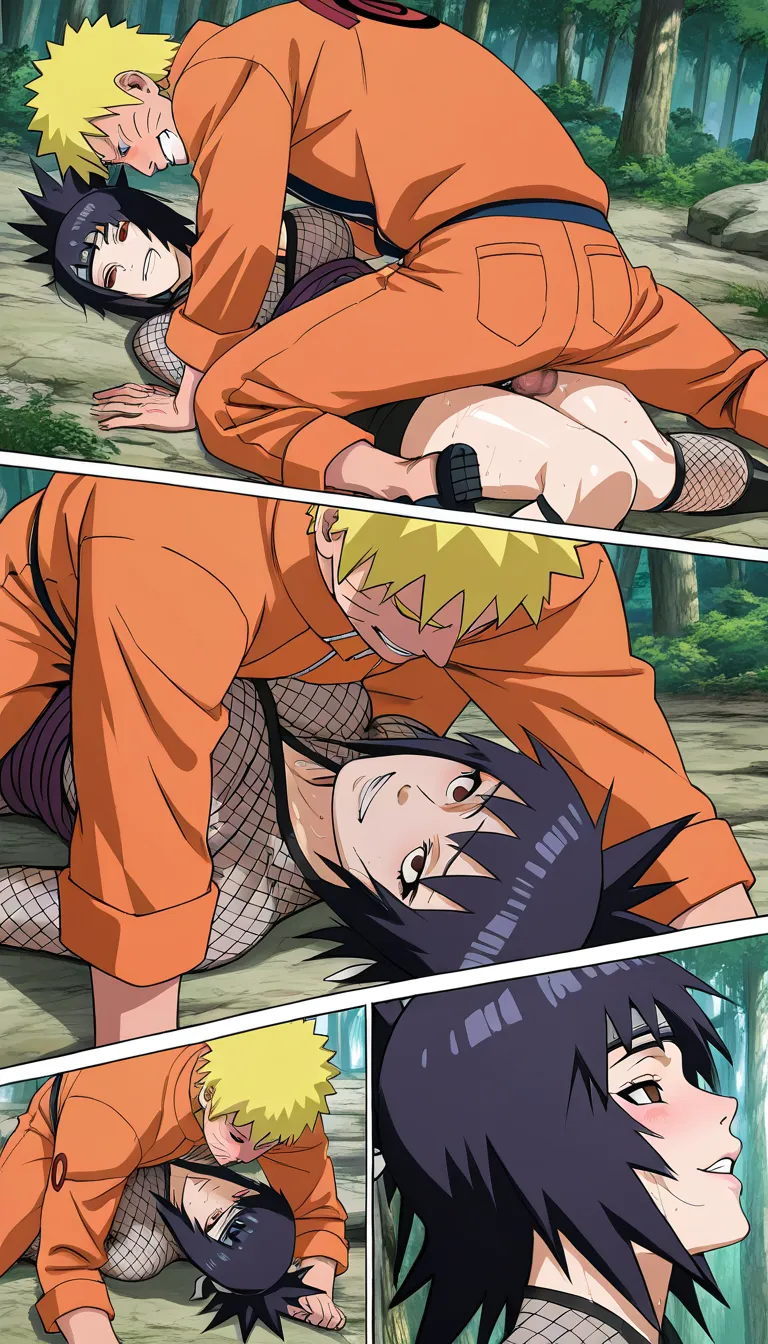 ((masterpiece, amazing quality, highly detailed, intricate details, detailed background, dramatic composition, manga, manga panel layout)), (Naruto Shippuden official manga art, full color, polished illustration, Uzumaki Naruto and Mitarashi Anko), man fucking woman, 1 man, grinning, 1 woman, glistening sweaty skin, clothes open, lying on back, being ravished by him, missionary sex, pinned down by him, she is panting heavily and reaching the peak of pleasure, on a laboratory bed, motion lines, speed lines, sound effects, speech bubbles, Japanese text, hentai_studio_quality