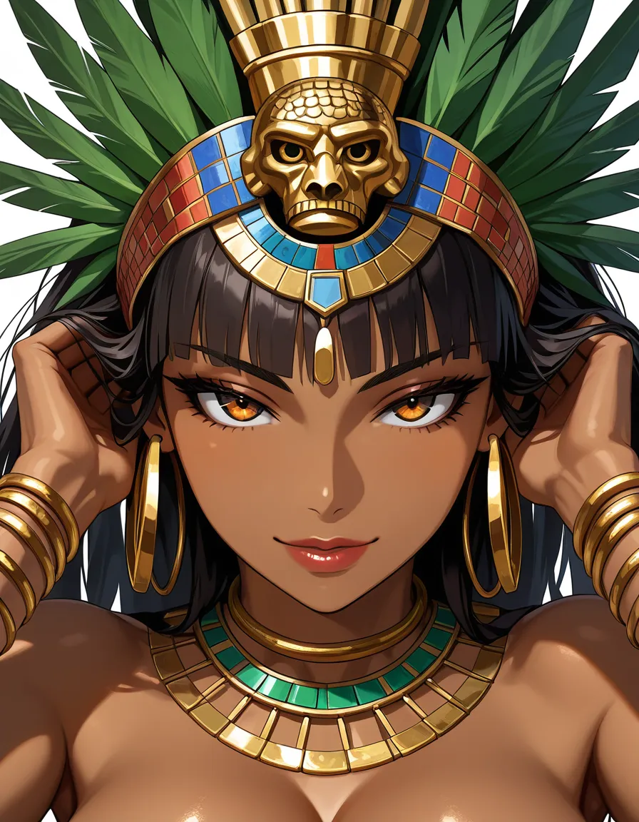 1girl, seductive pose, dark-skinned female, aztec, ornement, jewelry only, seductive, close-up, hands in hair,, hentai_studio_quality