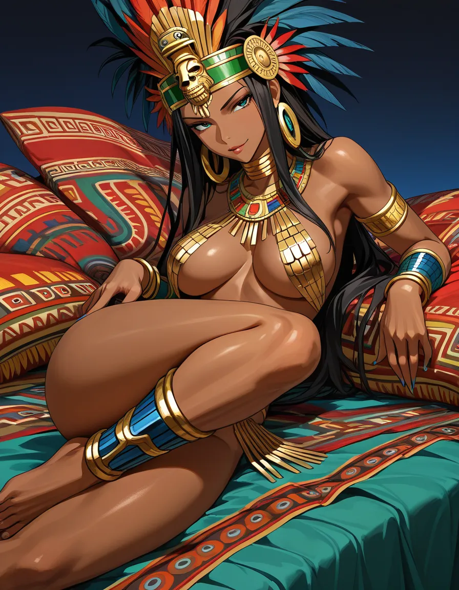 1girl, 18 years, full_body, seductive pose, dark-skinned female, aztec, ornement, jewelry only,, hentai_studio_quality