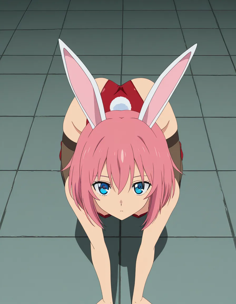 masterpiece, fine detail, bunny girl, on all fours, thighs, medium hair, transparent background, doujin style, (anime style:1.3), 2d, anime screencap, cel shading, flat color, @00osamio00