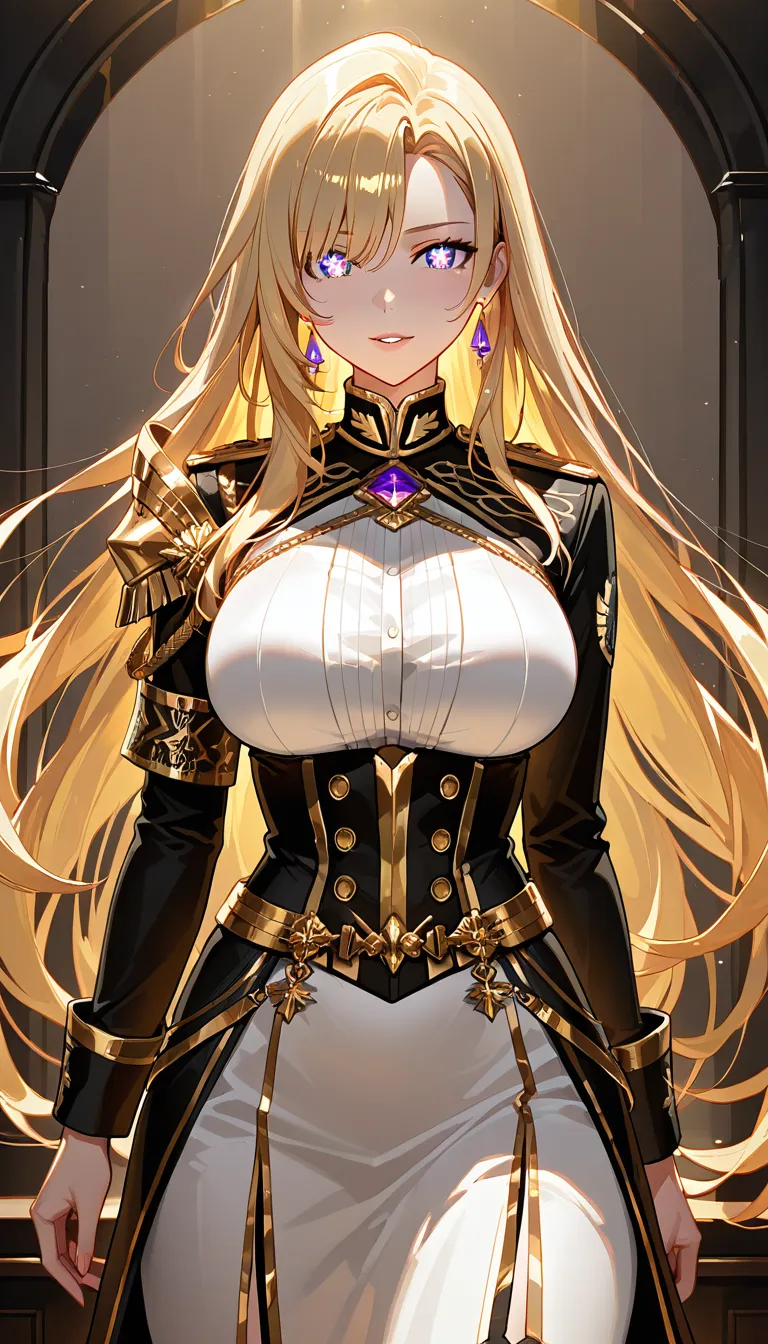 A striking adult woman with a voluptuous hourglass figure and very large, full bust. She has long, wavy golden-blonde hair, elegant feminine features, violet almond-shaped eyes, full lips, and a confident expression. She wears a form-fitting deep-amethyst and black royal military outfit with champagne-gold armor and filigree, a low-cut structured bodice, ornate shoulder pieces, amethyst gemstones, and a flowing violet cape. And A striking adult man with a tall, extremely muscular build, broad shoulders, and a heavily defined, scarred torso. He has pale skin, short tousled black hair with subtle blue highlights, sharp masculine features, piercing icy-blue eyes, and a stern expression. He wears an open black military cloak with crimson-red trim and high collar, metallic insignia, black tactical trousers and belt, leather arm straps, and armored black gloves and gauntlets. Man is sex the lady. In missionary