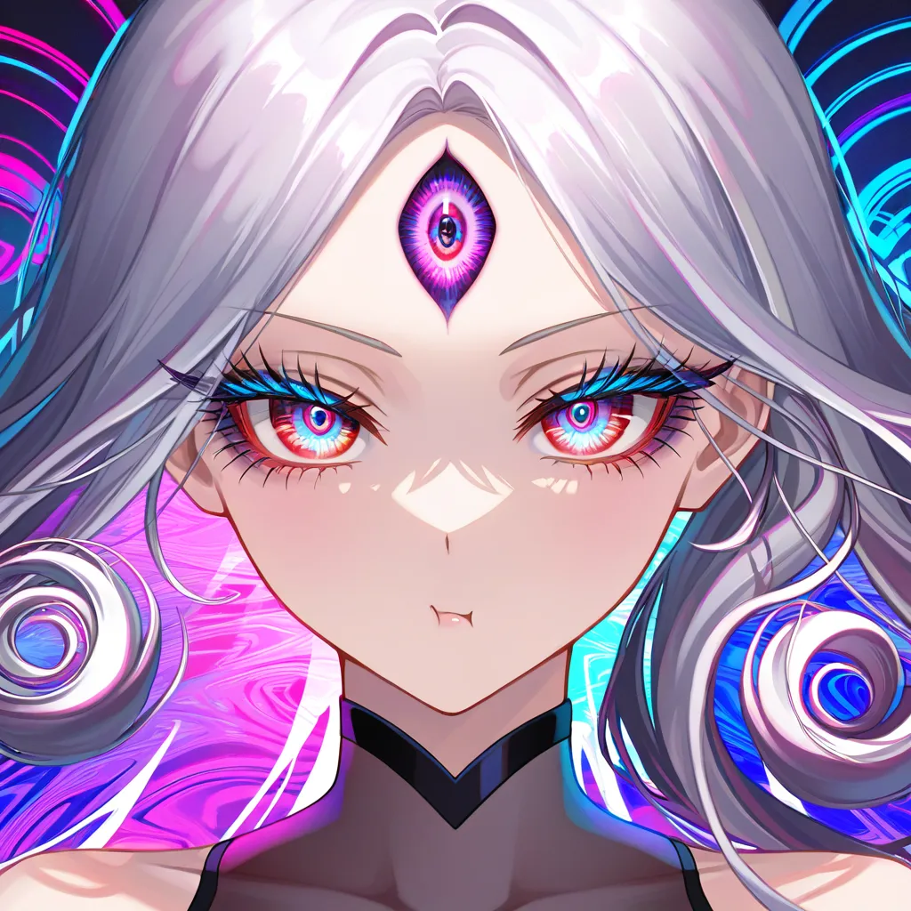 Close-up of a captivating woman with psychedelic makeup — swirling geometric patterns and glowing third-eye motif on her forehead, long lashes, smoky eyes with neon reflections, soft pout, hair cascading in rainbow liquid strands that blend into the background of infinite fractal tunnels, wearing a sheer high-neck top that clings to her curves with iridescent sheen, intimate lighting, sensual and hypnotic mood, ultra-realistic detail, hentai_studio_quality