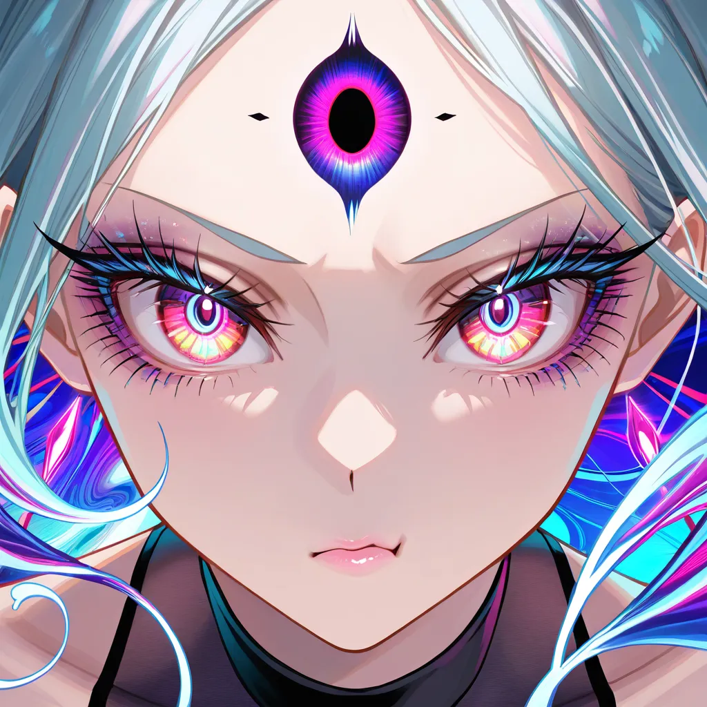 Close-up of a captivating woman with psychedelic makeup — swirling geometric patterns and glowing third-eye motif on her forehead, long lashes, smoky eyes with neon reflections, soft pout, hair cascading in rainbow liquid strands that blend into the background of infinite fractal tunnels, wearing a sheer high-neck top that clings to her curves with iridescent sheen, intimate lighting, sensual and hypnotic mood, ultra-realistic detail, (anime style:1.3), 2d, anime screencap, cel shading, flat color, @00osamio00