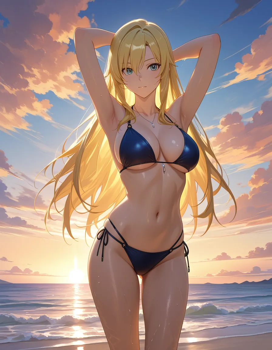 blond girl on the beach, hentai_studio_quality