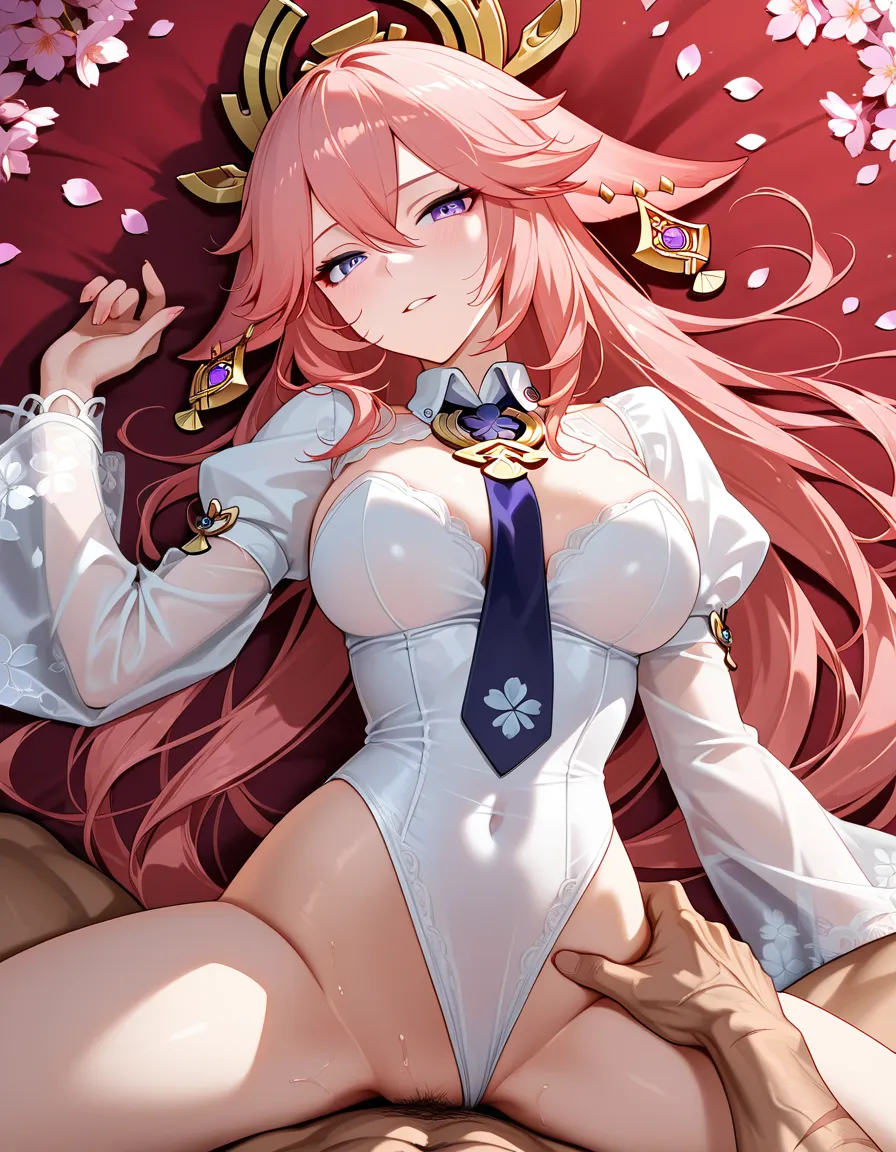 Yae Miko ,masterpiece, fine detail, princess, scar, necktie, missionary, petals, soft cel shading, hentai_studio_quality
