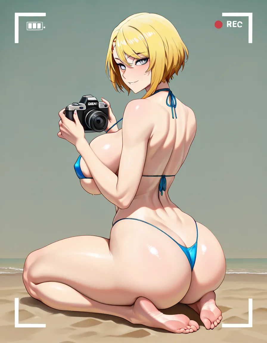 gwen stacy on a beach with massive round tits and a massive round ass with a tiny waist in a micro_bikini while seiza with body facing north east from camera but her head is looking back at the camera while making some of her massive round tits visivle huge_breasts, hentai_studio_quality