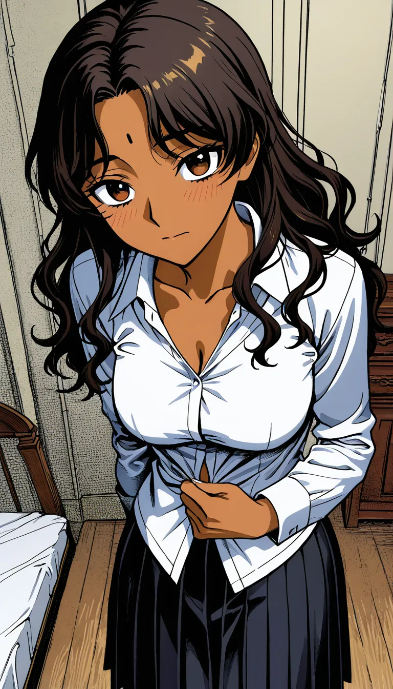 manga panel, inked lines, screentone shading, doujin style, black and white, 
1girl, traditional Indian college girl, 20 years old, fair brown skin, long black wavy hair, big expressive brown eyes, light bindi, 
wearing white college shirt and dark skirt, 
standing in a simple bedroom, 
removing her college dress shirt and skirt, shirt unbuttoned and slipping off shoulders, skirt falling down around her ankles, 
then laying completely naked on the bed, body stretched out, looking at viewer with a soft expression, 
detailed fabric folds, soft bedroom lighting, clean lines, masterpiece, best quality, highly detailed, (anime style:1.3), 2d, anime screencap, cel shading, flat color