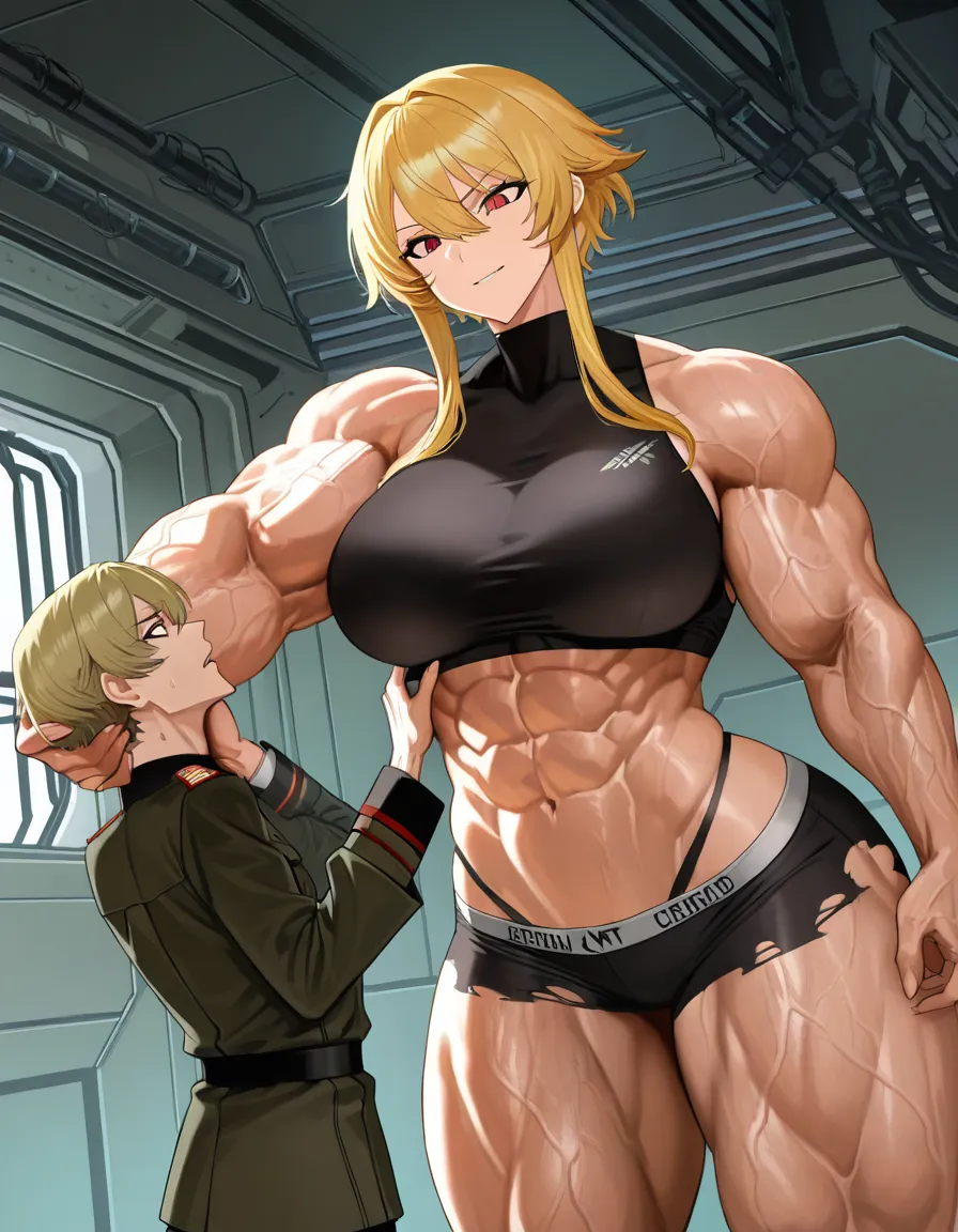 Giant muscular_female, petite mature_male , extreme size_difference, huge height_difference, physical domination, female torn_clothes crop_top underwear, female veins, female blonde_hair short_hair_with_long_locks , thin male military_uniform , military lab , science_fiction , femdom, one_hand throat grab lift, female carrying male high, hand_on_another's_head, aggressive female, pinned male against_wall, confident female, angry female looking_down , female talking, nervous blush male looking_up , breast_press, male black medium_hair, female abs, female big biceps, female big shoulders, female thick_thighs, female huge_ass, female wide_hips, huge_breasts, female pectoral_cleavage, male narrow_waist, male stubble, domination, eye_contact, female crushing male, destruction, aged_up, /masterpiece, hentai_studio_quality