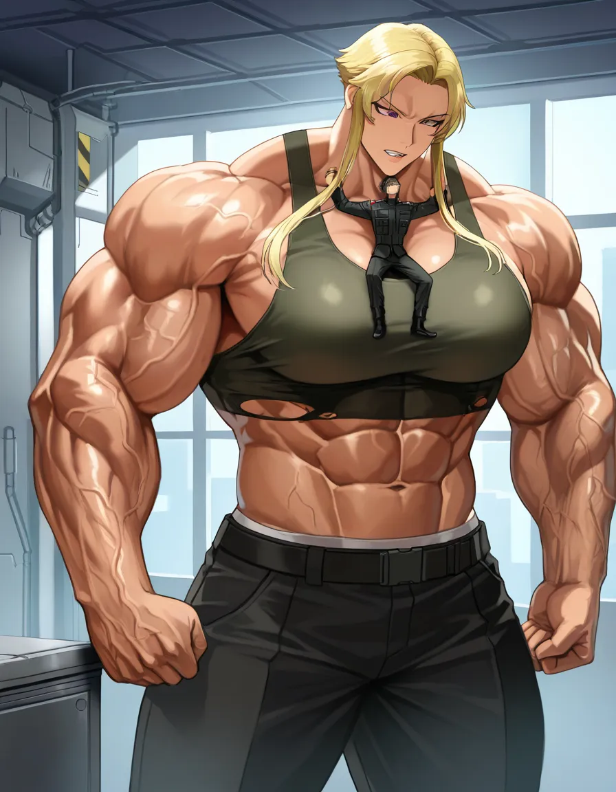 Giant muscular_female, petite mature_male , extreme size_difference, huge height_difference, physical domination, female rampage, female torn_clothes crop_top underwear, female veins, female blonde_hair short_hair_with_long_locks , thin male military_uniform , military lab , science_fiction , femdom, one_hand throat_lift, female carrying male high, aggressive female, pinned male against_wall, confident female, angry female looking_down , female talking, nervous blush male looking_up , breast_press, male black medium_hair, female abs, female big biceps, female big shoulders, female thick_thighs, female huge_ass, female wide_hips, huge_breasts, female pectoral_cleavage, male narrow_waist, male stubble, domination, eye_contact, female crushing male, destruction, aged_up, /masterpiece, hentai_studio_quality