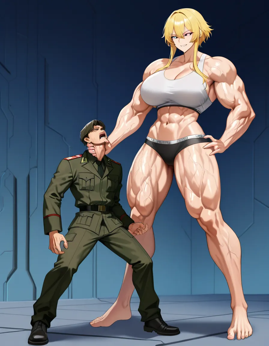 Giant muscular_female, petite mature_male , extreme size_difference, huge height_difference, physical domination, female rampage, female torn_clothes crop_top underwear, female veins, female blonde_hair short_hair_with_long_locks , thin male military_uniform , military lab ,  science_fiction , femdom, one_hand throat_lift, female carrying male high, aggressive female, pinned male against_wall, confident female, angry female looking_down , female talking, nervous blush male looking_up , breast_press, male black medium_hair, female abs, female big biceps, female big shoulders, female thick_thighs, female huge_ass, female wide_hips, huge_breasts, female pectoral_cleavage, male narrow_waist, male stubble, domination, eye_contact, female crushing male, destruction, destroyed scene, aged_up, /masterpiece, hentai_studio_quality