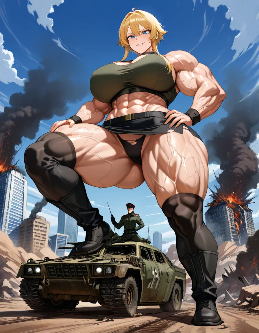 Giant muscular_female, petite mature_male , extreme size_difference, huge height_difference, physical female rampage destruction, female torn_clothes crop_top underwear, destroyed military_vehicle, alpha female, female veins, female blonde_hair short_hair_with_long_locks , thin male military_uniform , military lab , science_fiction , femdom, one_hand throat_lift, female carrying male high, aggressive female, pinned male against_wall, confident female, angry female looking_down , female talking, nervous blush male looking_up , breast_press, male black medium_hair, female abs, female big biceps, female big shoulders, female thick_thighs, female huge_ass, female wide_hips, huge_breasts, female pectoral_cleavage, male narrow_waist, male stubble, domination, eye_contact, female crushing male, destruction, destroyed scene, aged_up, /masterpiece, hentai_studio_quality