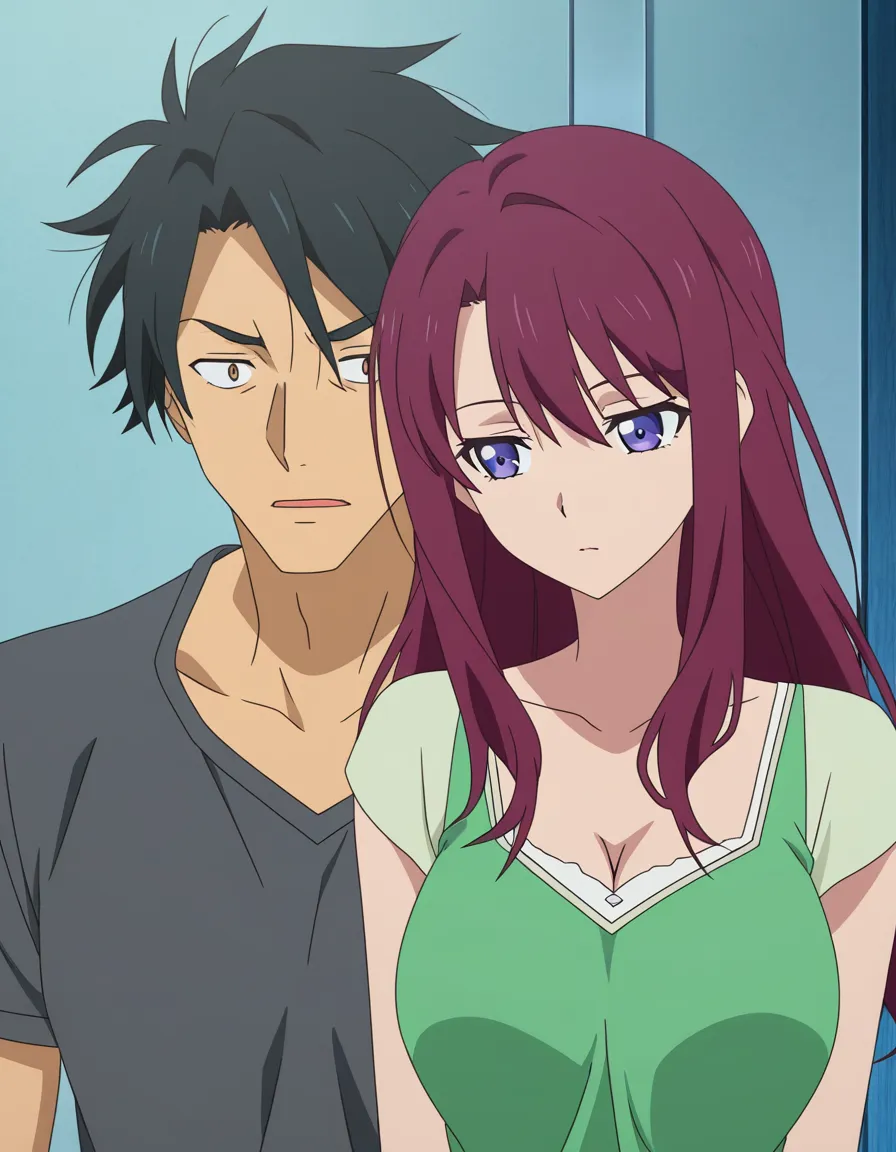 Netorare yuri two girls tribbing husband watches wife, (anime style:1.3), 2d, anime screencap, cel shading, flat color
