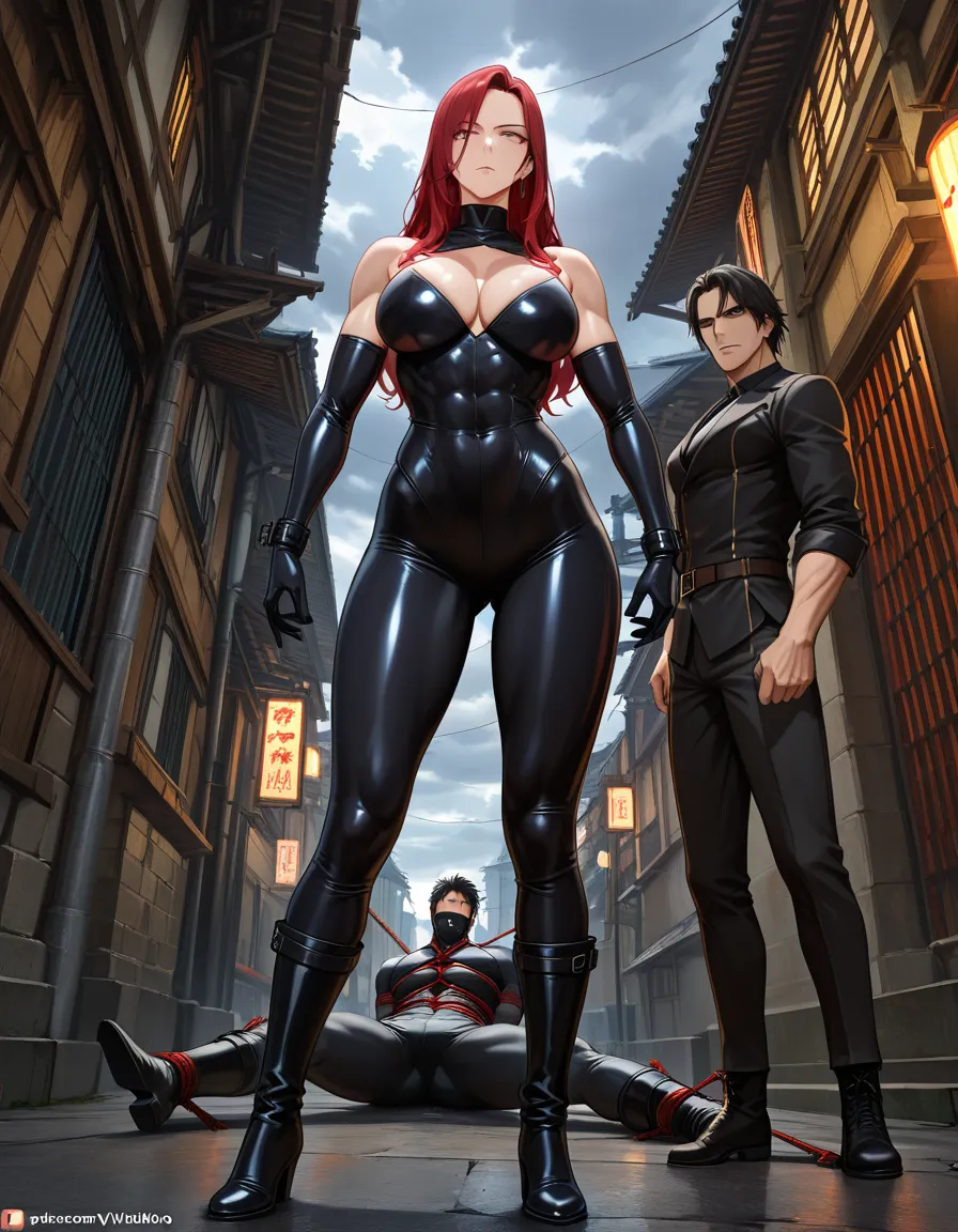highres, vivid, mature female, toned body, boots, bondage, cloudy sky, dominant stare, hentai style, hentai_studio_quality