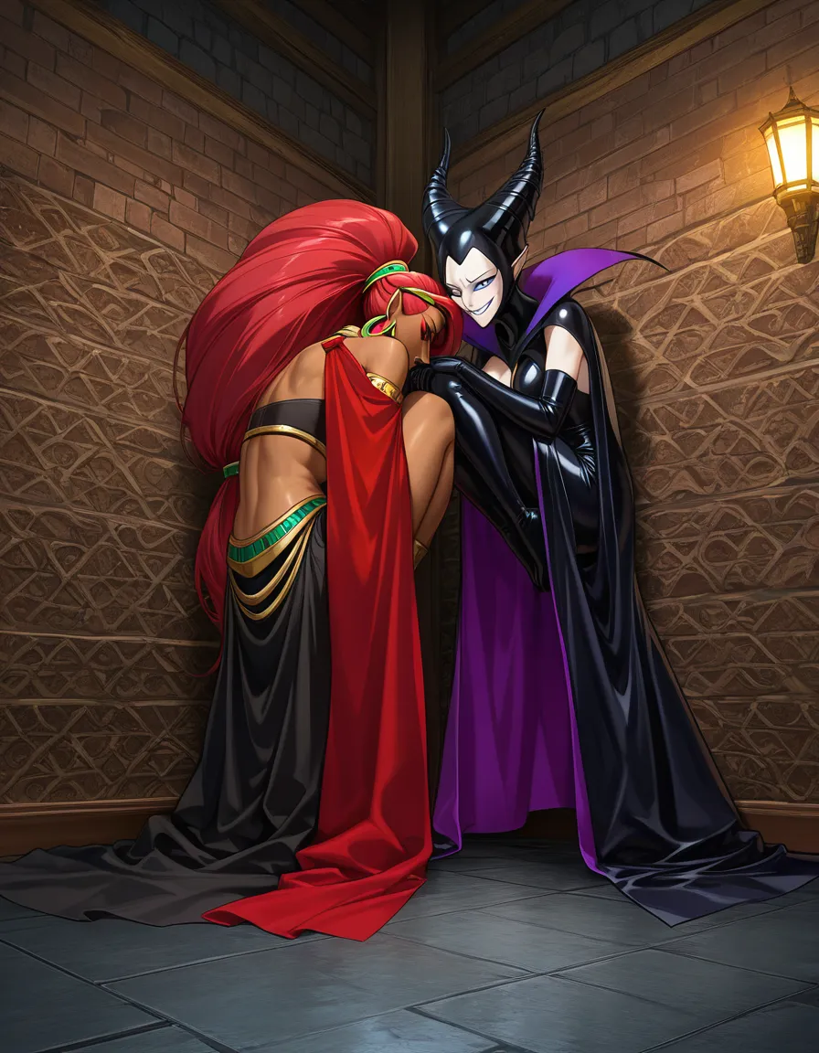 2girls_focus , maleficent standing evil_smile foot_on_opponent, urbosa crying on_floor fetal_position, hentai_studio_quality, hentai_studio_quality, hentai_studio_quality