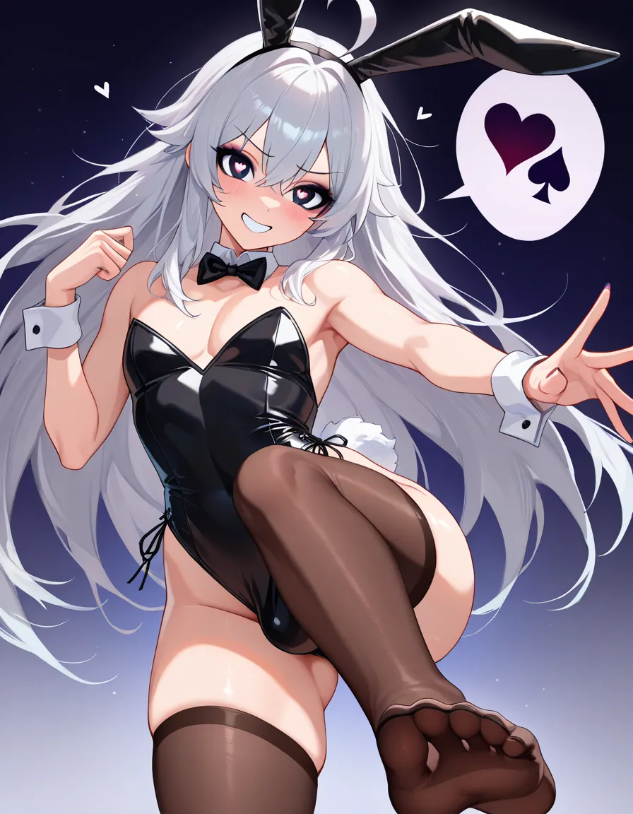masterpiece, clean art, 1boy, femboy, crossdressing, long_hair, eager , encouraging, goth, playboy bunny , hand_up , perfect feet , thighhighs, rabbit_ears , rabbit_tail , looking_at_viewer, heart_shaped_pupils, makeup , thighs , chearleading, perfect anataomy, perfect proportions, perfect spade tattoo on thigh, spade tattoo, pom_pom_(cheerleading), happy, cheerleader, cheerleading, hentai_studio_quality