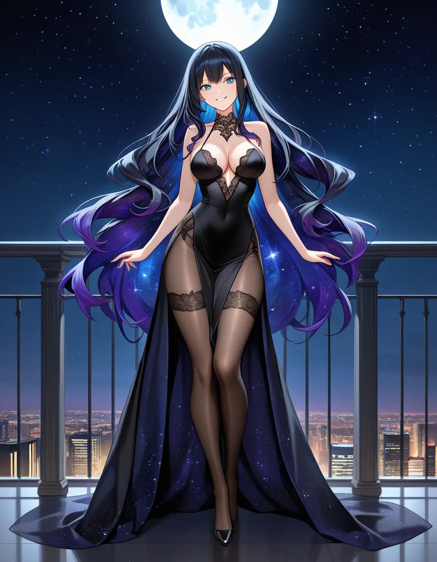 Princess of the night, Full moon, Black lace stockings, Balcony, Stars, Black starry hair, full body, smiling at viewer, no horns,, hentai_studio_quality