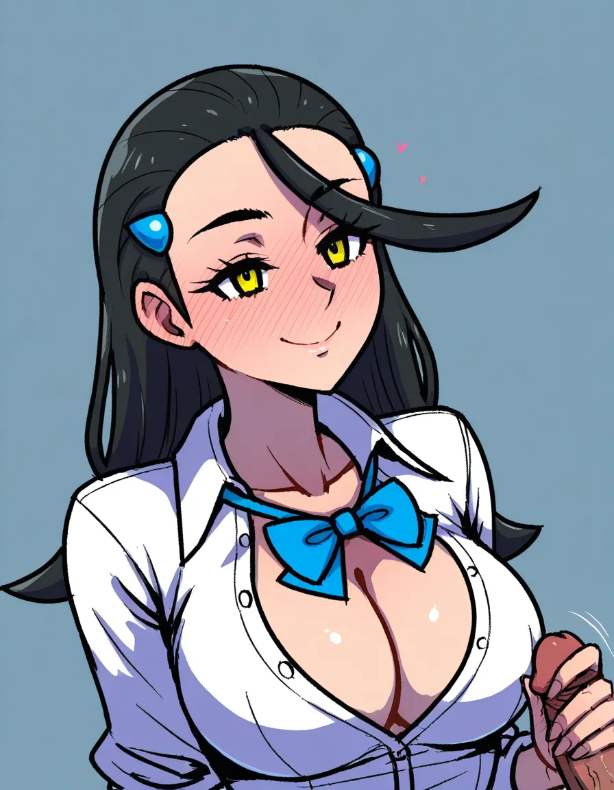 #akairiot_artstyle, @candice_(pokemon), pokemon, 1girl, black_hair, hair_down, yellow_eyes, blue_hairclip, collared_shirt, white_shirt, blue_bowtie, cleavage, partially_unbuttoned, large_breasts, full-face_blush, smile, upper_body, handjob, erection, pov, hentai_studio_quality
