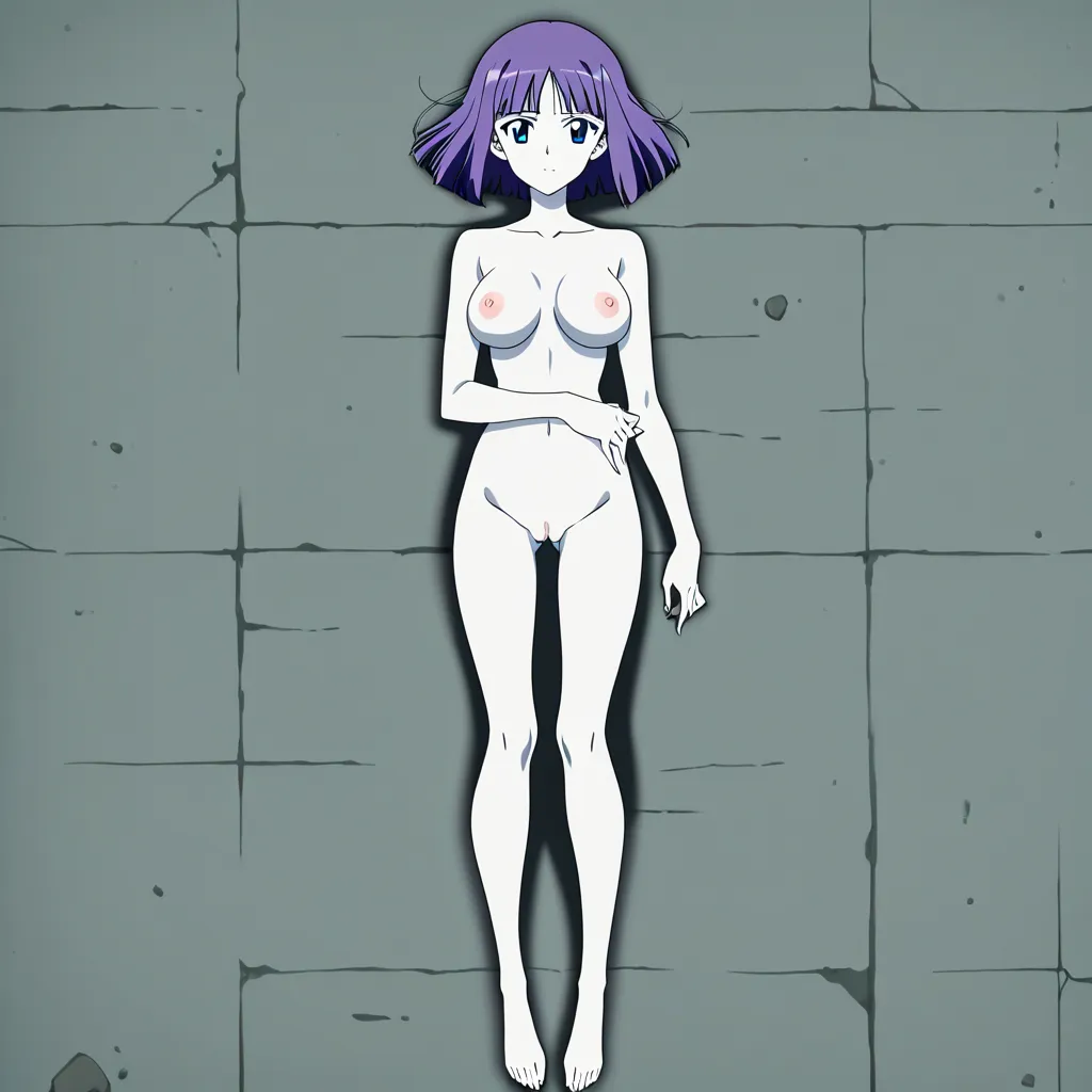 Full body European futanari girl, anime-to-realistic hybrid style, pale white skin, slim sexy figure, slightly large breasts, long purple hair with Japanese bangs, wearing loosely open pajama, lying on her back fully visible, hand stroking her erect average penis with precum, seductive expression, detailed anatomy, single object, clean topology