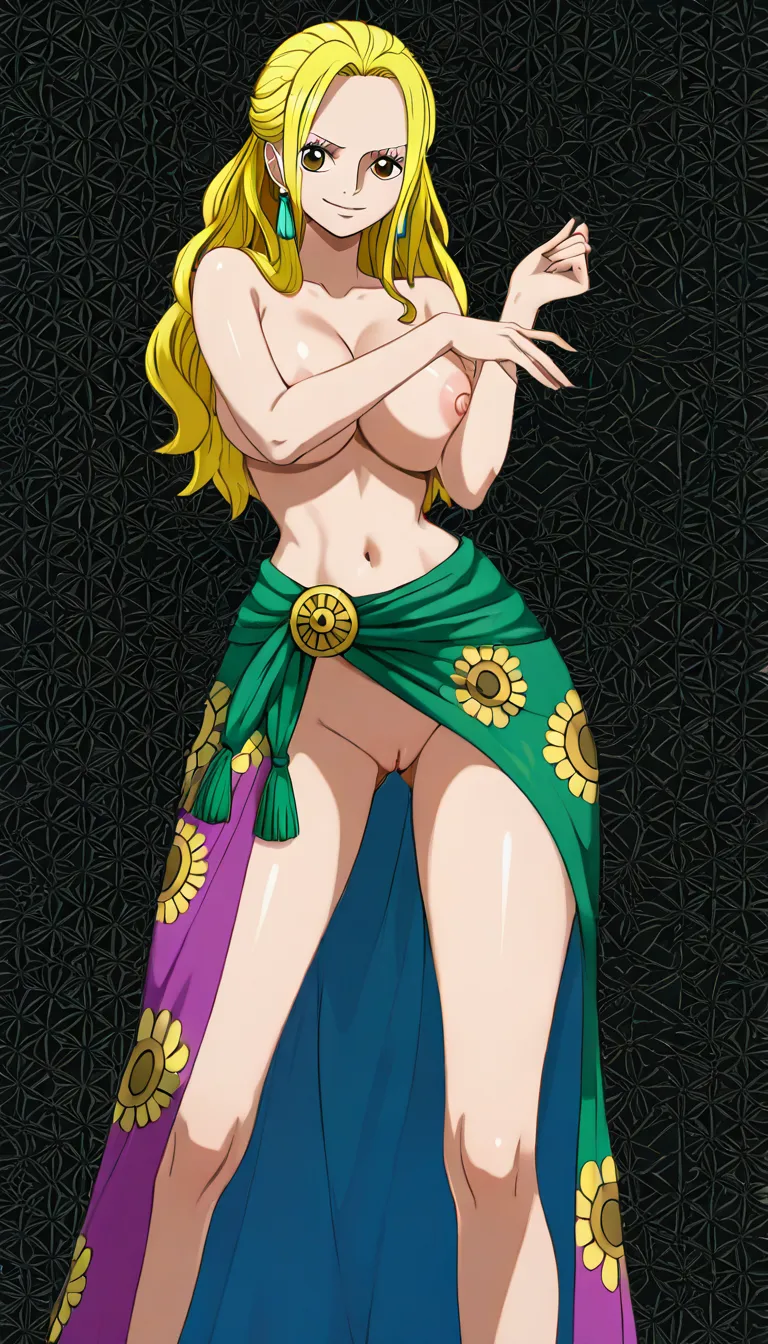 Robin from One Piece, Oda style, full_body, beautiful smile, standing, sexy pose, front view and black background, a long coral-pink/salmon wrap skirt or sarong tied around her waist with a decorative green and yellow floral patterns along one side and a fringed/tassel-like hem and a massive front slit revealing her naked pussy, a fitted dark-blue short-sleeved jacket completely open with a high collar and the sleeves slightly rolled at the edges, breasts and nipples exposed, pussy exposed, orange tinted sunglasses on top of head, Red-coral high-heeled pumps with pointed toes, massive amount of sperm dripping from pussy, (anime style:1.3), 2d, anime screencap, cel shading, flat color, @00osamio00