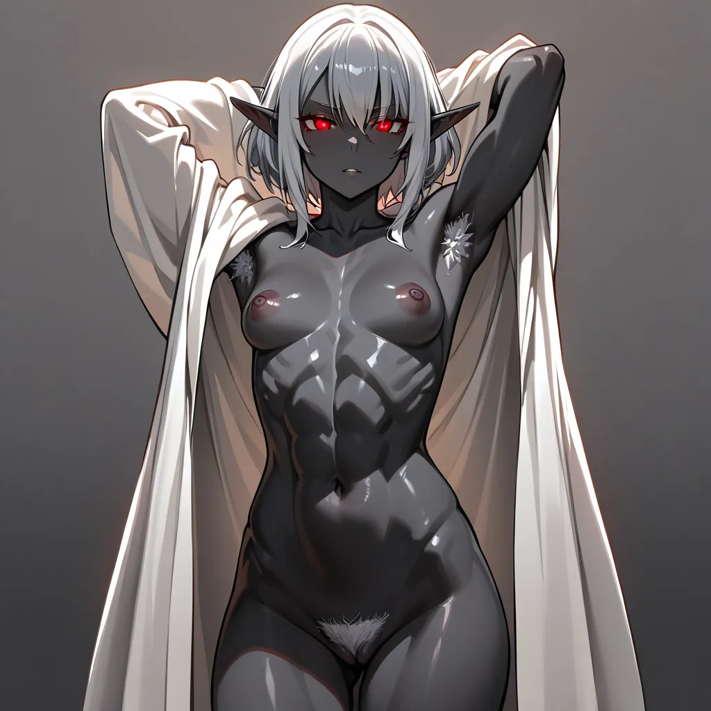 8k, sharp focus, black grey_skin, dark elf, black skin, white pubic hair, white armpit hair, athletic, elegant robes, loose robes, long sleeve, muscle tone, indulgent expression, red eyes, red glowing eyes, shining eyes, small breasts, puffy nipples, pointy tits, seductive, saggy breasts, big nipples, white hair, riding dildo, big dildo, huge dildo, vaginal insertion, she relaxes, she lowers her hips, hips swaying, vaginal contractions, cavern, onsen