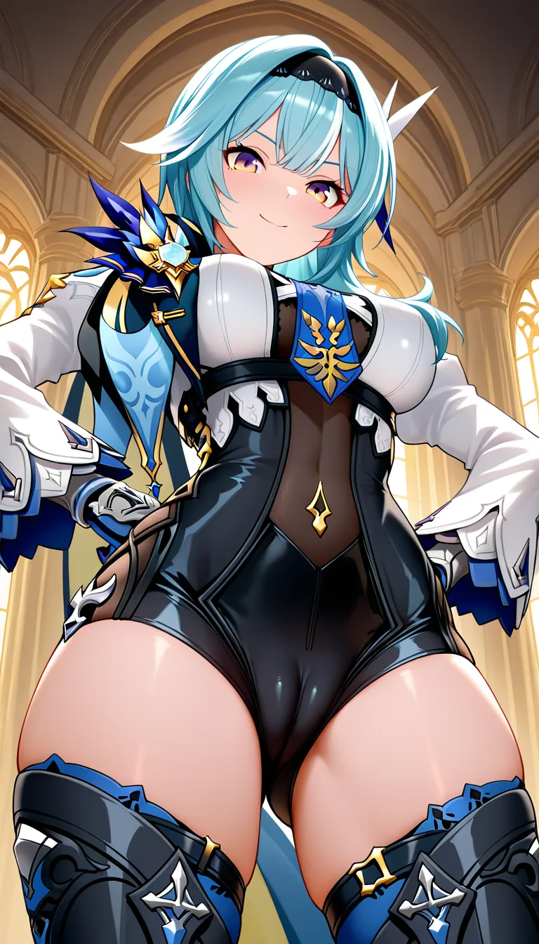 /masterpiece_absurdres /ultra_detailed, Eula Lawrence, Cameltoe, from Below, petite ,Haughty smile, standing . No hentai_studio_quality., hentai_studio_quality