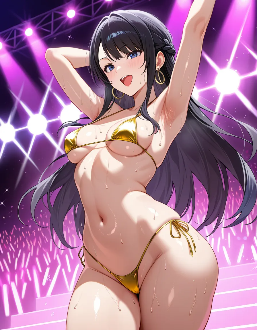 highres, vivid, mature_female small_breasts wide_hips huge_ass armpit fetish sweat fetish dancing music jazzy singing musical_note micro_bikini, hentai_studio_quality