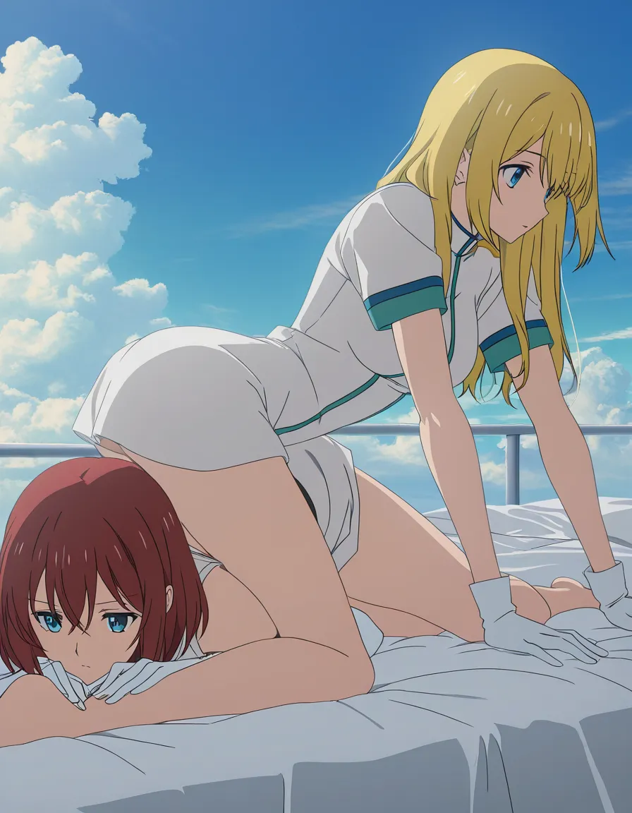 masterpiece, clean art, 2girls, thighs, white gloves, kneeling on bed, blue sky, dreamy atmosphere, hentai style, (anime style:1.3), 2d, anime screencap, cel shading, flat color, @00osamio00
