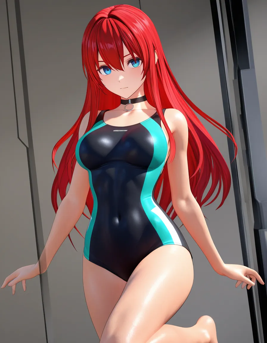 volumetric, high quality, redhead woman, medium breasts, choker, leg up, cowboy shot, stylized 3D, score_9, score_8, 3d render, octane render, subsurface scattering, ray tracing, smooth shading