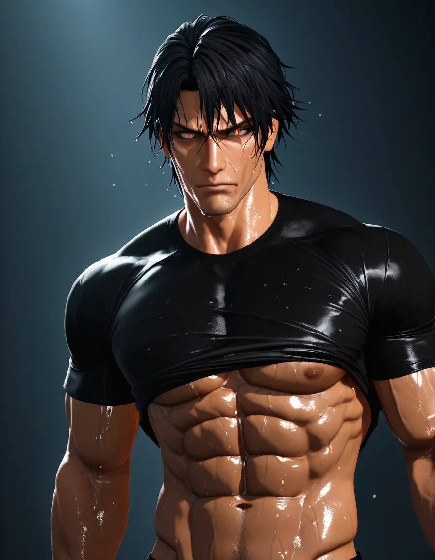 masterpiece, best quality, 3d anime style, 1boy, solo male, adult man, short black hair, sharp masculine face, strong jawline, intense eyes, tall muscular body, defined abs, broad shoulders, wet black t-shirt sticking to body, male focus, man, highly detailed 3D anime render, realistic male anatomy, cinematic lighting --ar 2:3, score_9, score_8, 3d render, octane render, subsurface scattering, ray tracing, smooth shading