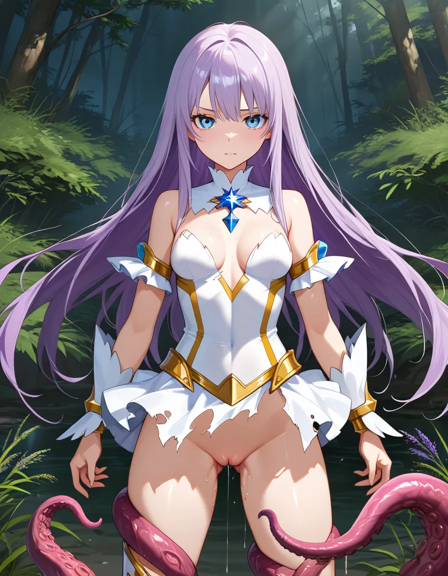 highly detailed, sharp, 1girl, magical_girl, torn_clothes, outdoors, small_breasts, Lavender_hair, Aquamarine_eyes, tentacles, straight_hair, straight-on, legs_apart, pussy_juice, hentai_studio_quality