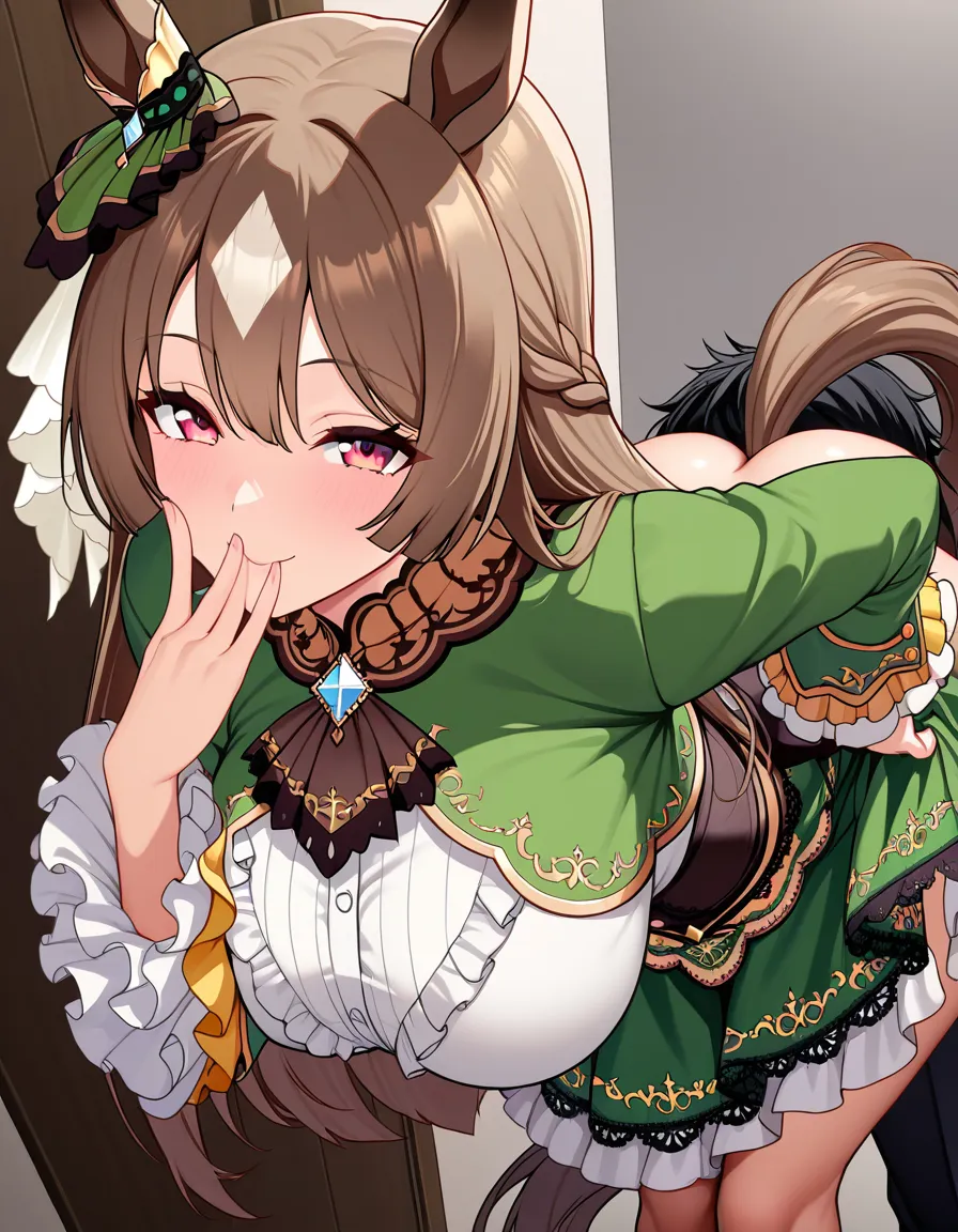 /masterpiece absurdres /sharp_focus lineart hentai_style @satono_diamond_(umamusume) 1girl anilingus eating_ass standing_female seductive_smile, hentai_studio_quality
